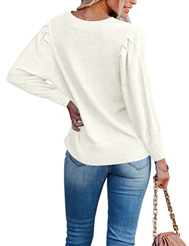 Womens Puff Sleeve Sweaters Crewneck Loose Pullover Tops Solid Color Lightweight Knit Casual Blouse Shirts2