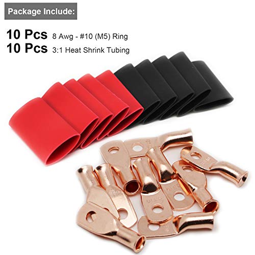 Image of 10pcs 8 AWG-#10 Ring Battery Lugs,Copper Wire Lugs,UL Listed Heavy Duty Battery Cable Ends,Tubular Ring Terminals,AWG Crimp Wire Ring Lugs,Battery Terminal Connectors with 3:1 Heat Shrink Tubing