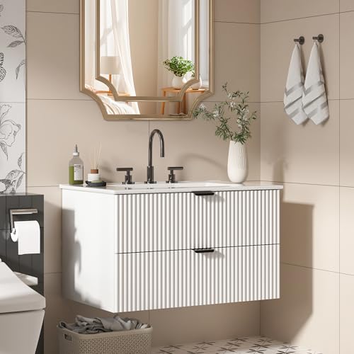 30" Bathroom Vanity with Sink Combo, Floating Vanity Bathroom Cabinet with Ceramic Basin, Soft-Close Function,Modern Wall Mount Sink Vanity for Guest or Master Bath