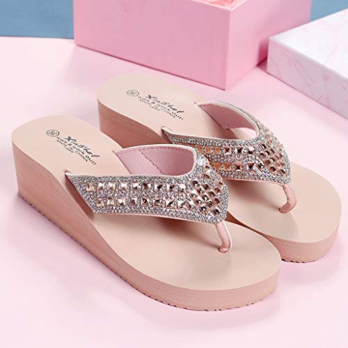 Rhinestone Flip Flops for Women Wedge Slippers Casual Beach Shoes Summer Platform Slides Wedge Sandals (Pink, 7)4