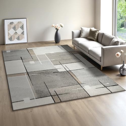 Mia´s Teppiche Modena - Moderner Kurzflor Teppich, Wohnzimmer & Schlafzimmer, weich & pflegeleicht, geometrische Muster, Kariert, Beige, 120 x 160 cm