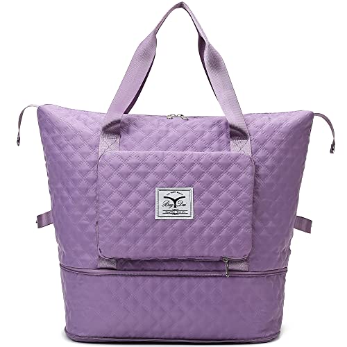 Makukke Bolso de Viaje Mujer Fin de Semana, Bolsa Plegable Viaje de Gran Capacidad, Portátil Plegable Ligera Impermeable Bolsa de Lona para Gimnasio (Púrpura Claro) Cover