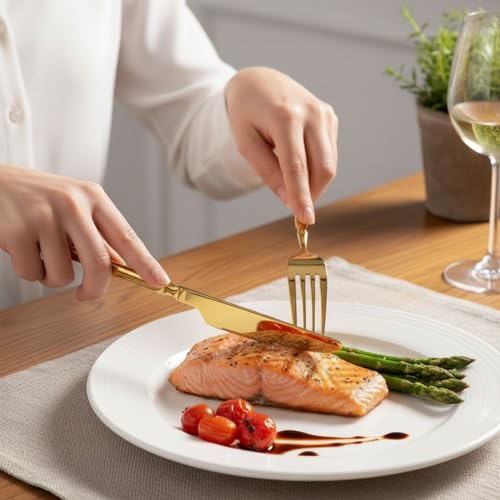 Image of Elegant Handle Gold 20 Pcs Heavy Duty Stainless Steel Cutlery Set for Dining Table (4 pcs Spoon Set+4 pcs Forks Set+4 pcs Butter Knife+4 pcs Dessert Spoon+ 4 Pcs Fuit Fork for Kitchen)
