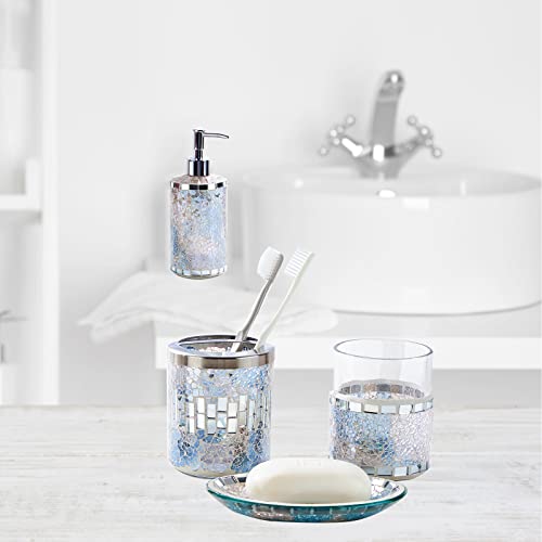 Hilhora Hand Made Bathroom Accessories Set 4Pcs Mosaic Glass Decorative Bathroom Set Includes Soap Lotion Dispenser, Tumbler, Toothbrush Holder, Soap Dish (Flower Blue & Pink) #TOP5