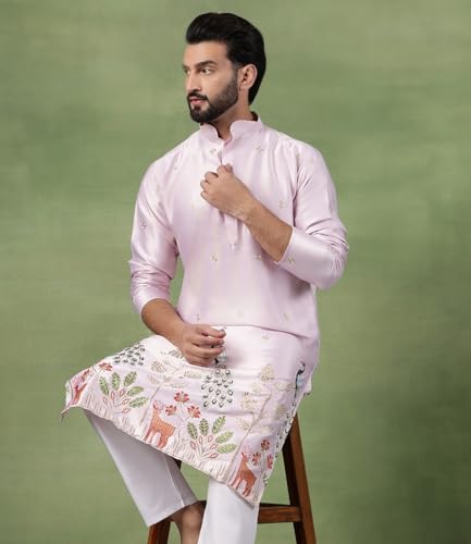 Image of SOJANYA (Since 1958 Men's Cotton Silk Flora & Fauna Embroidered Long Kurta