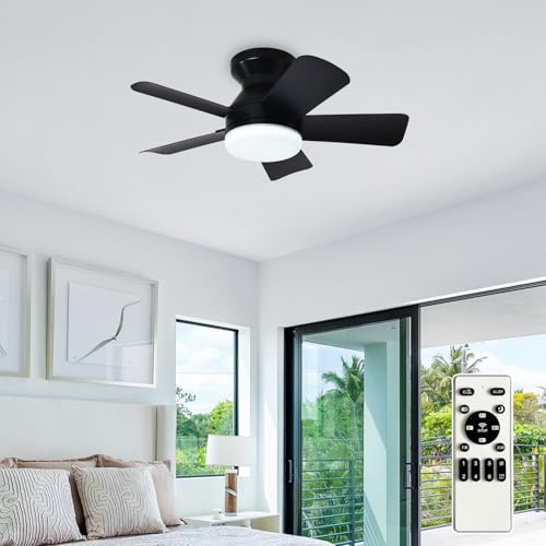 Image of Depuley Modern Ceiling Fan with Light: 25-Inch Black Small Fans for Bedroom Indoor Outdoor - Dimmable Low Profile Ceiling Fans with Remote Control Flush Mount 5 Reversible Black Blades 6 Speeds Timer