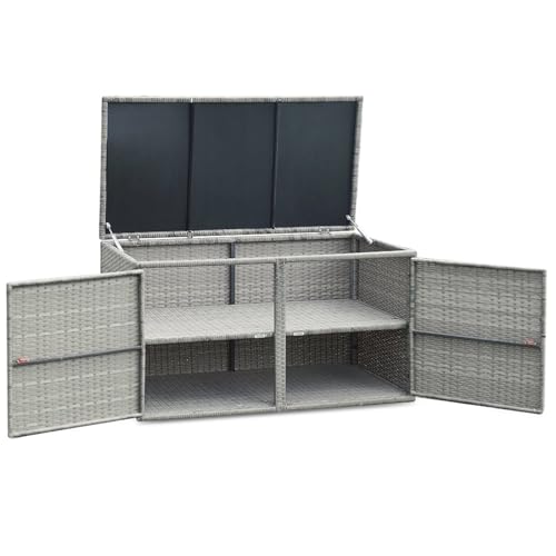 TANGZON 2-Tier Garden Storage Box, 2-Way Opening Rattan Deck Box Chest with Flip-Top Lid, Outdoor Weatherproof Storage Organiser with Metal Frame for Toy Cushion Poolside Patio Balcony (Grey)