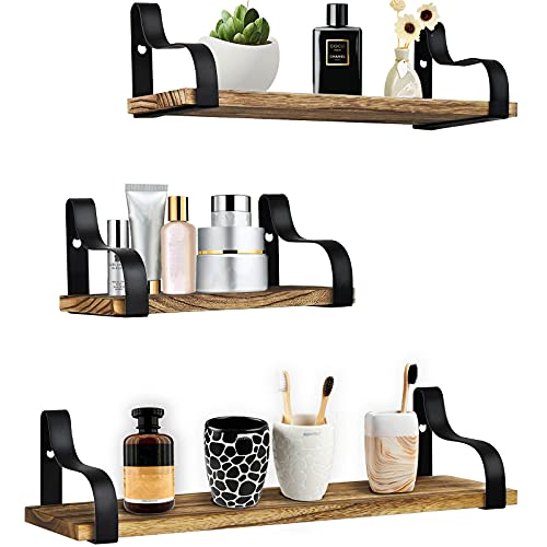 Y&ME YM Farmhouse Shelves for Wall, Set of 3 Rustic Wood Small Shelf Floating, Perfect for Bedroom, Living Room, Bathroom, Kitchen, and Office (Light Brown)