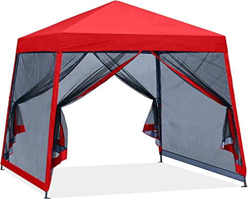COOS BAY 10x10 Pop Up Canopy Tent with Screen Netting Slant Leg Canopy with UPF 50+ UV Protection 64 Sq Ft Shade One Person Setup with Carry Bag Red