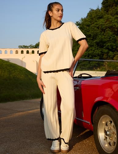 Image of Lumister Two Piece Sets for Women Sweater Sets Short Sleeve Knit Pullover Tops Wide Leg Pants Lounge Sets