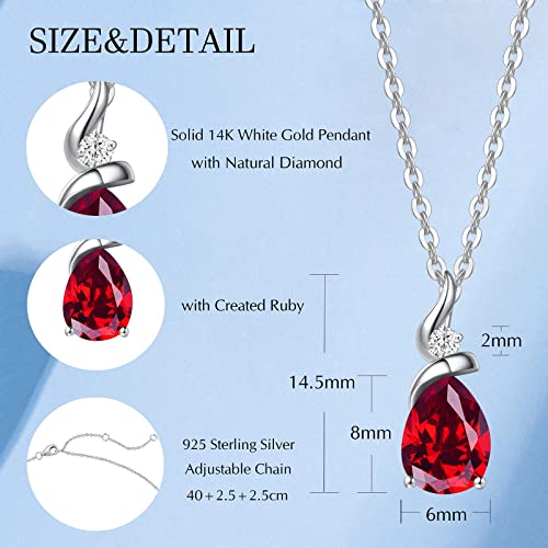 Fancime Mother's Day Gifts 14K Solid White Gold Pendant July Birthstone Jewelry Created Ruby Gemstone Necklace Pear Shaped Teardrop Gifts For Mom Women, Sterling Silver Chain 16" + 2" Extender #TOP2
