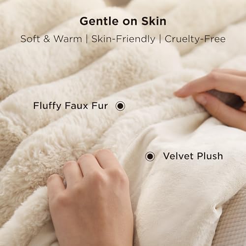 Bedsure GentleSoft Faux Fur Throw Blanket - Fluffy & Fuzzy Luxury Christmas Blanket for Couch Living Room, 750GSM Thick and Warm for Winter, Striped Decorative Gift for Women, Beige, 50x70 Inches