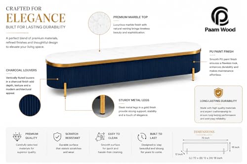 Image of Mazzo Modern TV Unit /Console - 70 inchx12 inchx18 inch White Marble Top with Golden Acrylic, Waterproof Plywood & Charcoal Louvers - Media Cabinet | Modern TV Stand Console Without Storage (Blue)