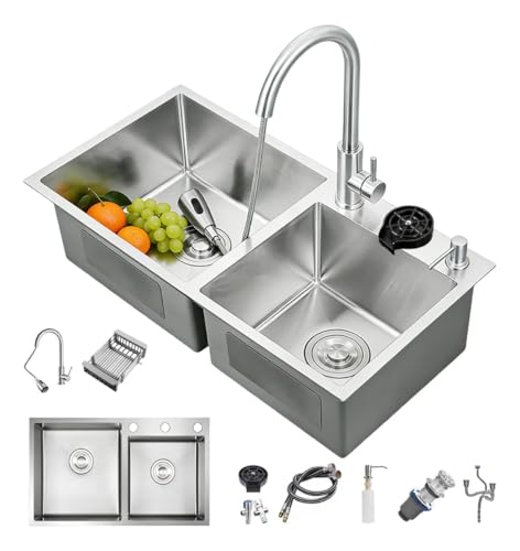 La Mejor Recopilación de Tarja , tabla con los diez mejores. 42 Fregadero Doble de Cocina de Acero Inoxidable 80 × 45 cm, Doble Tina con Desagüe Eficiente, Grifo Extraíble, Instalación Superior/Inferior/Empotrada (Plateado)