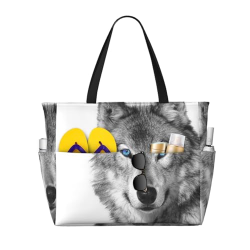 Grand sac de plage loup aux yeux bleus cabas fourre-tout pour femme