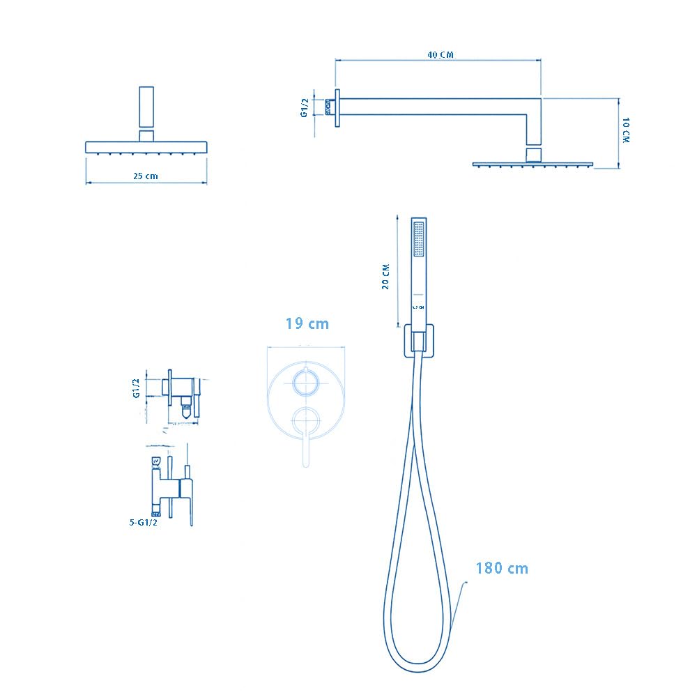 Vetrineinrete Set doccia da incasso tonda miscelatore 2 vie soffione 25x25 cm con doccetta staffa flessibile 180 cm (Nero)