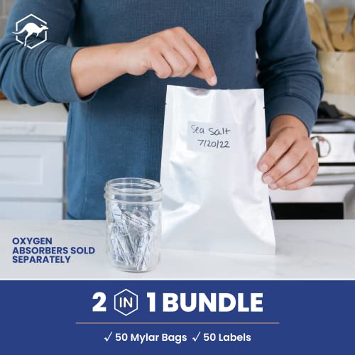 50X Wallaby 1-Quart Mylar Bag Bundle - (5 Mil - 7" X 10") Mylar Bags + 50X Labels - Heat Sealable, Food Safe, & Reliable Long Term-Food Storage Solutions - Silver #TOP5