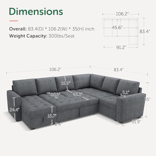 Image of HONBAY Modular Sectional Couch with Pull Out Bed Sleeper Sofa with Storage U Shaped Modular Sectional Couches for Living Room,Warm Bluish Grey