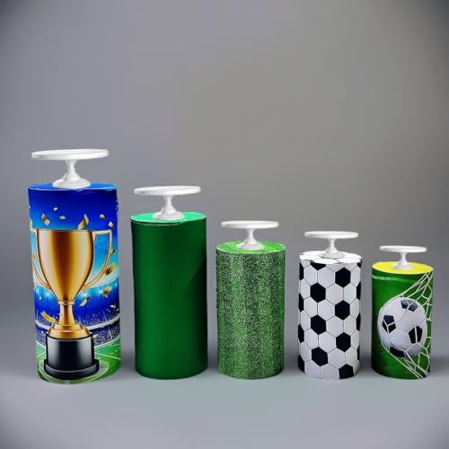 MvoVitality 5 Piece Cylinder Covers for Dessert Table Soccer Sports Theme Birthday Party Decor Green Trophy Round Pedestal Covers for Cake Display Kids Event Football Celebration Decoration by MvoVitality - Used condition - US$43.64