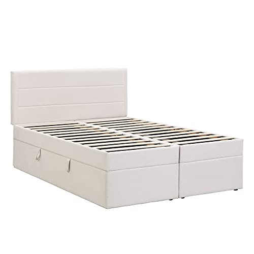 Kehun Boxspringbett Polsterbett 140x200, Doppelbett mit Lattenrost aus Metallrahmen, Bett mit Großer Stauraum und Kopfteil, Stauraum Betten Bettrahmen für Familie, Leinen, Beige, ohne Matratze – Bild 8