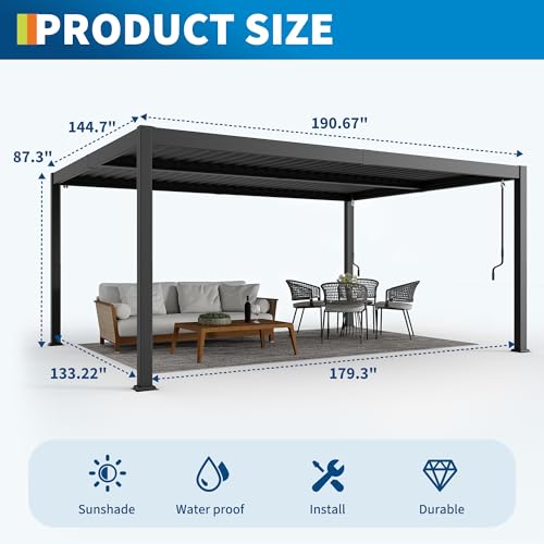 GarveeLife Pergola With Independent Adjustable Rainproof Roof, Louvered Pergola 12x16 for Deck Garden Backyard, Outdoor Aluminum Pergolas With Adjustable Top - Image 2