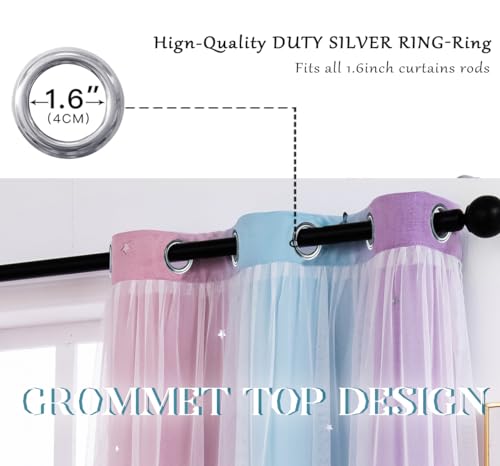 Image of Yancorp Curtains for Girls Bedroom Kids Curtain Hollow-Out Star Window Nursery Curtain 72 inches Length Room Darkening Grommet 2 Layers (Pink Purple, W52 X L84)