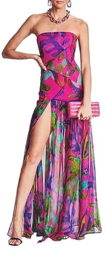 Image of Willow Dance Women Tube Top Dress Printed Mesh Patchwork Maxi Dress Strapless Sexy High Slit Long Dresses Party Clubwear