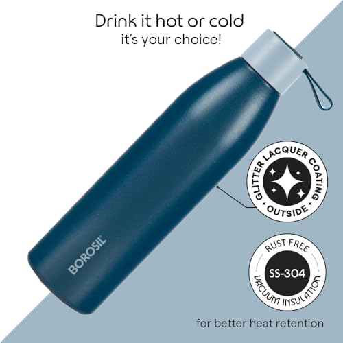 Image of Borosil Hydra 750ml Duomate Blue Stainless Steel Bottle | 24 Hours Hot and Cold Double Wall Vacuum Insulated with Copper Coating | 1 Year Warranty