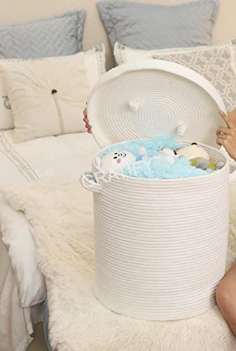 Image of Mansa Traders 12 inch x 12 inch x 14 inch Large Storage Basket with Lid, Cotton Rope Storage Baskets, Laundry Hamper, Toy Bin, Toys Blankets Pillows Storage in Living Room Baby Nursery, White Stiches with Cover
