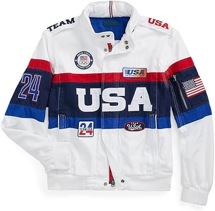 Unisex USA Olympic Team Jacket – Vintage Bomber Style with USA Flag, Embroidered Patches, Red White and Blue, Sports Track (US, Alpha, Medium, Regular, Regular, Mens White)