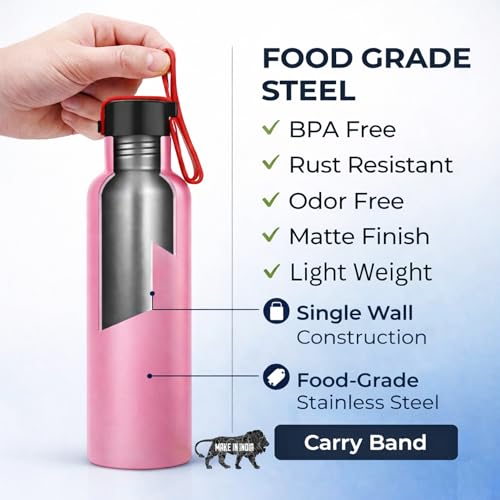 Image of GRECY Trim 1 Litre Stainless Steel Water Bottle for Office, Gym & School | Lightweight Leak Proof Fridge Bottle with Carry Loop | BPA Free, Rust Proof, Odour Free | Pink | 1000ml