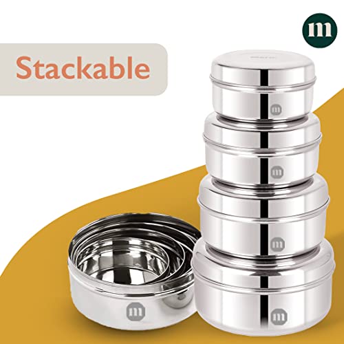 Image of MARU Fridge Storage Containers Stainless Steel set of 4 ((250ml, 450ml, 600ml, 850ml) - Small Round Airtight Food Storage Container, Multipurpose Kitchen Boxes for Leftovers Food, Roti, Chapati & Atta