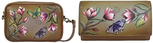 Anna by Anuschka Genuine Leather Hand-Painted Bundle - Crossbody Handbag and Checkbook Clutch Wallet - Magnolia Garden Bronze
