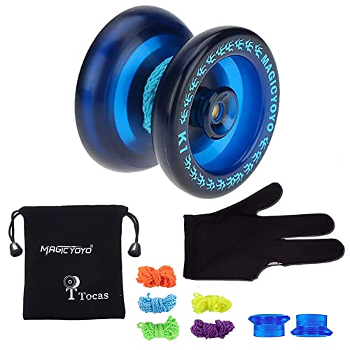 MAGICYOYO Yoyo principiante K1 Yoyos receptivo con Yo Yo Pouch Glove 5 Cuerdas Regalo de juguete para 8+ Niños Azul profundo