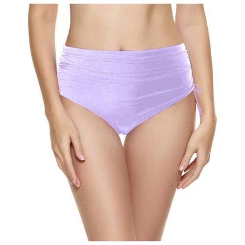 KBOPLEMQ Bañador para mujer de cintura alta con cordón, de secado rápido y elástico, bikini brasileño, ropa de playa, color liso, pantalones cortos de natación, O Púrpura, S
