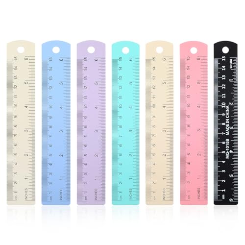 6 Inch Metal Ruler Set 7 Pcs Colored Dual Scale Rule with Inches and Centimeters Metric Imperial Measurements Small Straight Ruler for School Home Office Geometry Crafting Use (7 Colors)