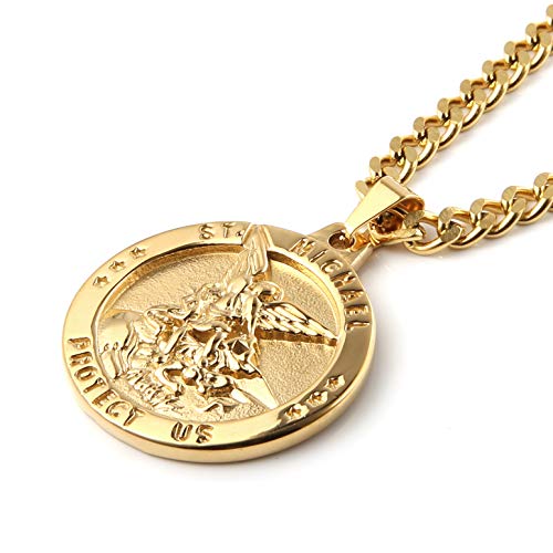Hzman St Michael The Archangel Catholic Medal Stainless Steel Amulet Pendant Necklace 22+2" Rolo Curb Chain (Gold-1) #TOP1