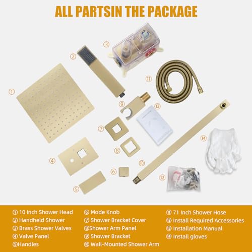 Grifo de ducha moderno con sistema de ducha lluvia de 10 pulgadas y combinación de ducha de mano, accesorios de ducha de 2 funciones con kit de revestimiento, dorado cepillado miniatura 7