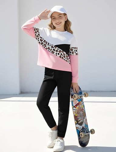 Image of PATPAT Little Girls Clothes Crew Neck Leopard Color Block Sweatshirt and Leggings Girls Outfits Size 4-12Y