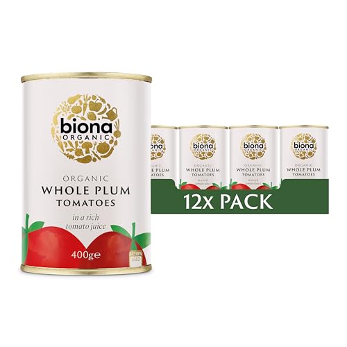 Biona – Ganze geschälte Bio-Pflaumentomaten (12 x 400 g), ohne Verwendung von chemischen Düngemitteln oder Pestiziden, ohne Zusatz von Rohr- oder Rübenzucker, BPA-freie Verpackung