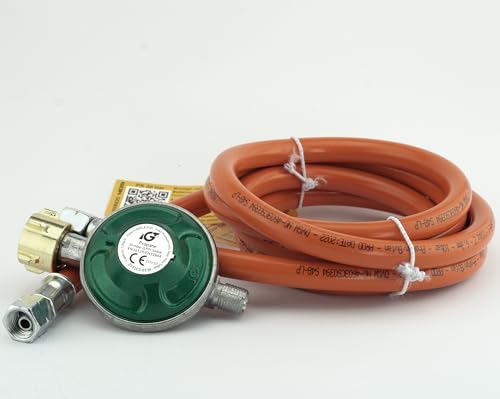 Druckminderer Set Gasregler mit Sicherheits-Sticker Gasdruckregler im Set mit Schlauch in verschiedenen Längen für Gaskocher , Gasgrills oder Paellagrills (50 mbar mit 150 cm Gasschlauch)