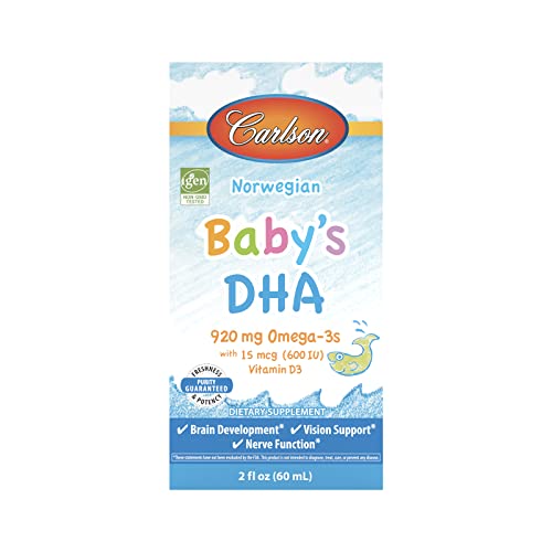 Carlson - Baby's Dha, Liquid Dha Baby Supplement, 1100 Mg Omega-3S + 400 Iu Vitamin D3, Brain Development, Vision Support & Nerve Function, Omega-3 Liquid For Babies, Baby Fish Oil, 60 Ml #TOP5