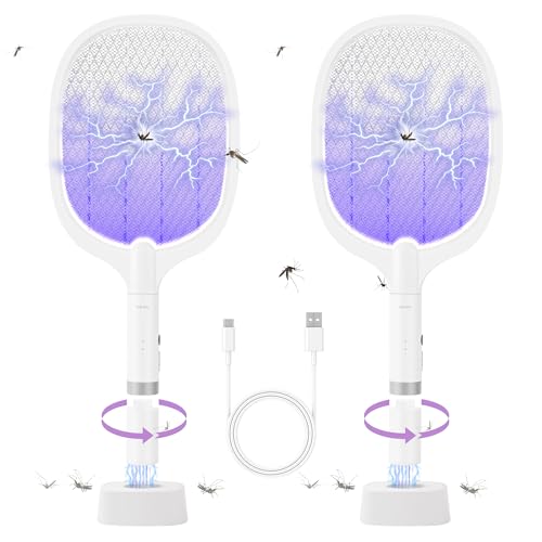 Image of Electric Fly Swatter Racket, 4000V Bug Zapper Racket Rechargeable 2 Pack | Fly Zapper Dual Modes Mosquito Swatter Portable with Purple Light & 3-Layer Safety Nets for Indoor & Outdoor