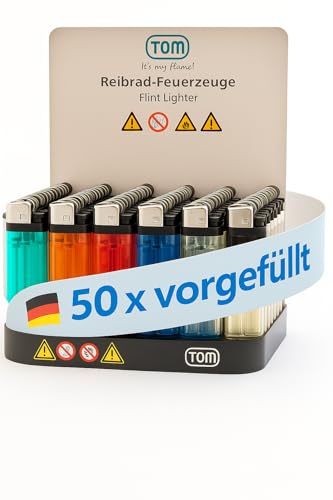 TOM 50/100 Stück Einwegfeuerzeuge mit Gas befüllt – Reibradfeuerzeuge Set in 5 Farben in praktischem Display – Gasfeuerzeug – Einwegfeuerzeug...