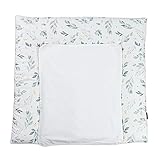 Puckdaddy Wickelauflage Flora mit Metall Druckknöpfe 77 x 75 cm Zweig Muster Grün Weiß, Wickelunterlage waschbar, Wickeltischauflage aus Baumwolle nach OEKO-TEX geprüft, für Wickelkommoden