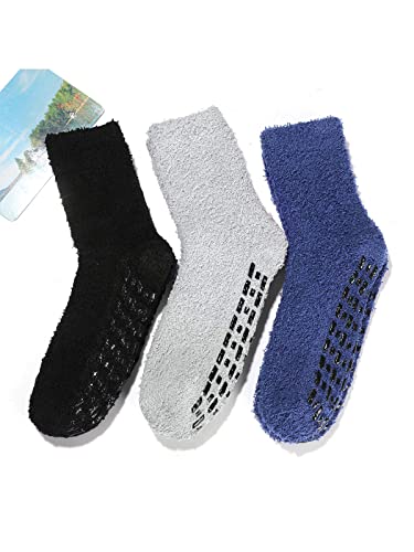Century Star Anti Slip Athletic Plush Slipper Grip Socks Women Yoga Pilates Soft Warm Cozy Socks For Christmas 3 Pairs Black/Blue/Gray One Size #TOP1