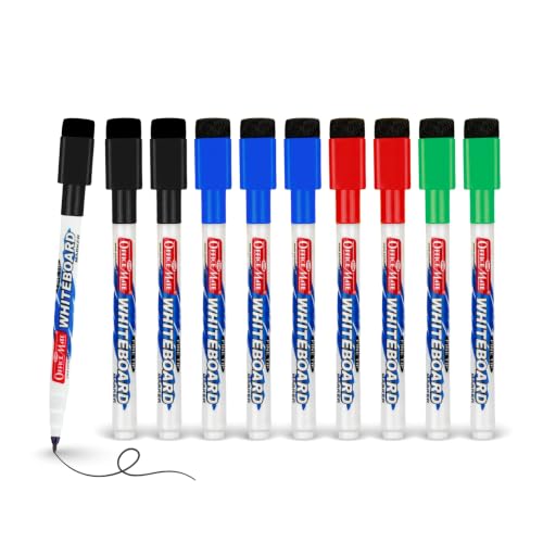 Image of Soni Officemate Fine Tip Whiteboard Markers with Duster Cap | Pack of 10 (Mix) |Black, Blue, Red & Green | 2.5 mm Tip | Eraser Cap | Non-Toxic | Smooth Writing