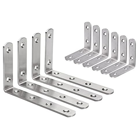 YUMORE L Bracket Corner Brace, 6Pcs (2.56x2.56x0.73In) + 4Pcs (5x3x0.11In) Joint Right Angle Brackets Stainless Steel Bracket Fastener for Wood Shelves Furniture Cover