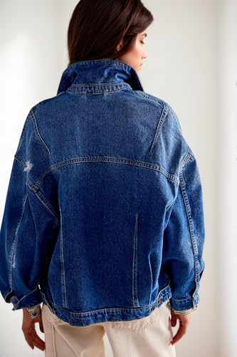 LifeShe Women's Oversized Denim Jacket Boyfriend Ripped Distressed Jean Jackets Casual Long Sleeve Trucker Coat2