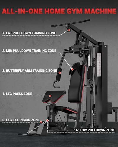 Home Gym Equipment Machine, Full Body Workout Machine with 150LBS Weight Stack, Multifunctional All in One Exercise Station with Preacher Curl Pad, Leg Developer for Strength Training